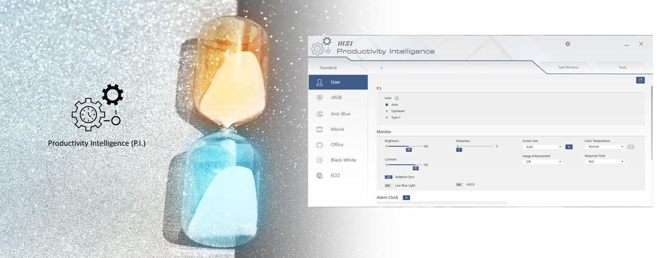 An interface of Productivity Intelligence against a background of a funnel timer